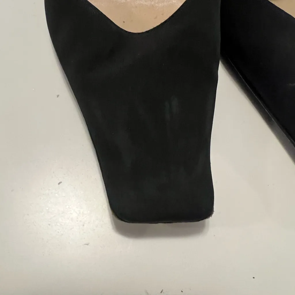 Nouchka black silk square toe mules vintage 6.5 gold embossed hardware - Image 6