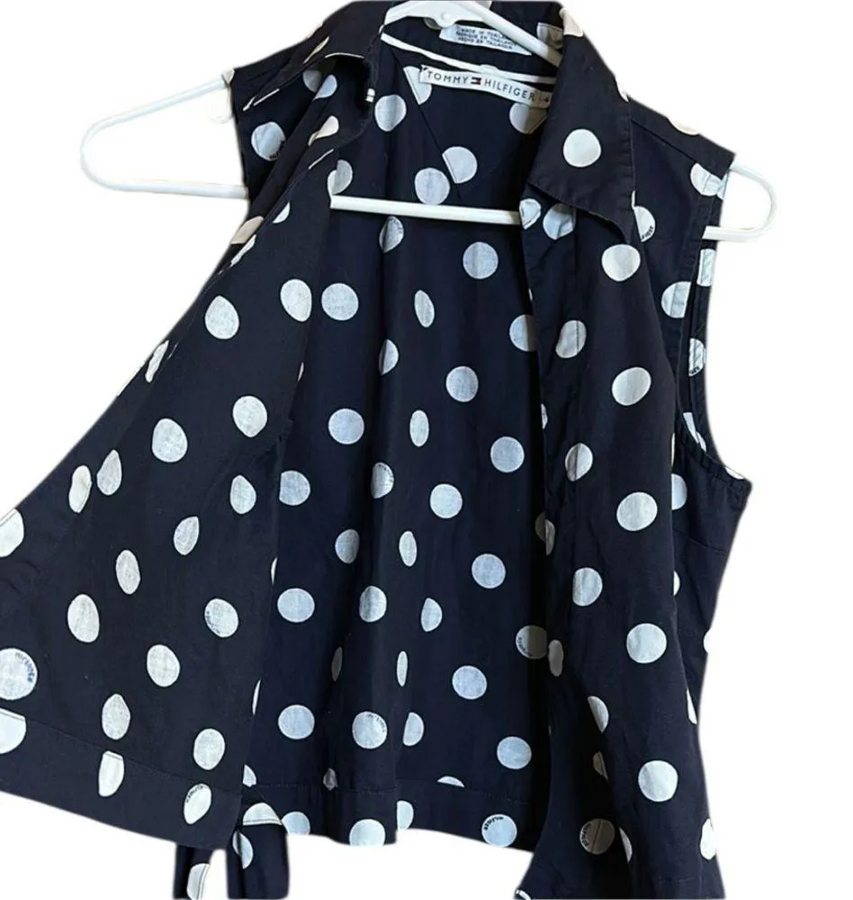 Tommy Hilfiger Navy Blue & White Polka Dot Sleeveless Wraparound Blouse - Image 5