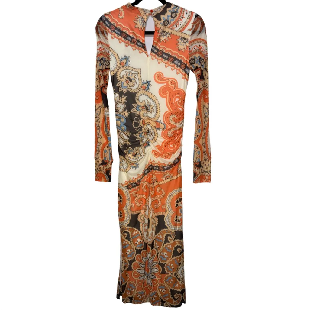 Farm Rio Long-Sleeve Mock-Neck Mesh Slim Midi Dress - Orange Bandana XS - Image 9