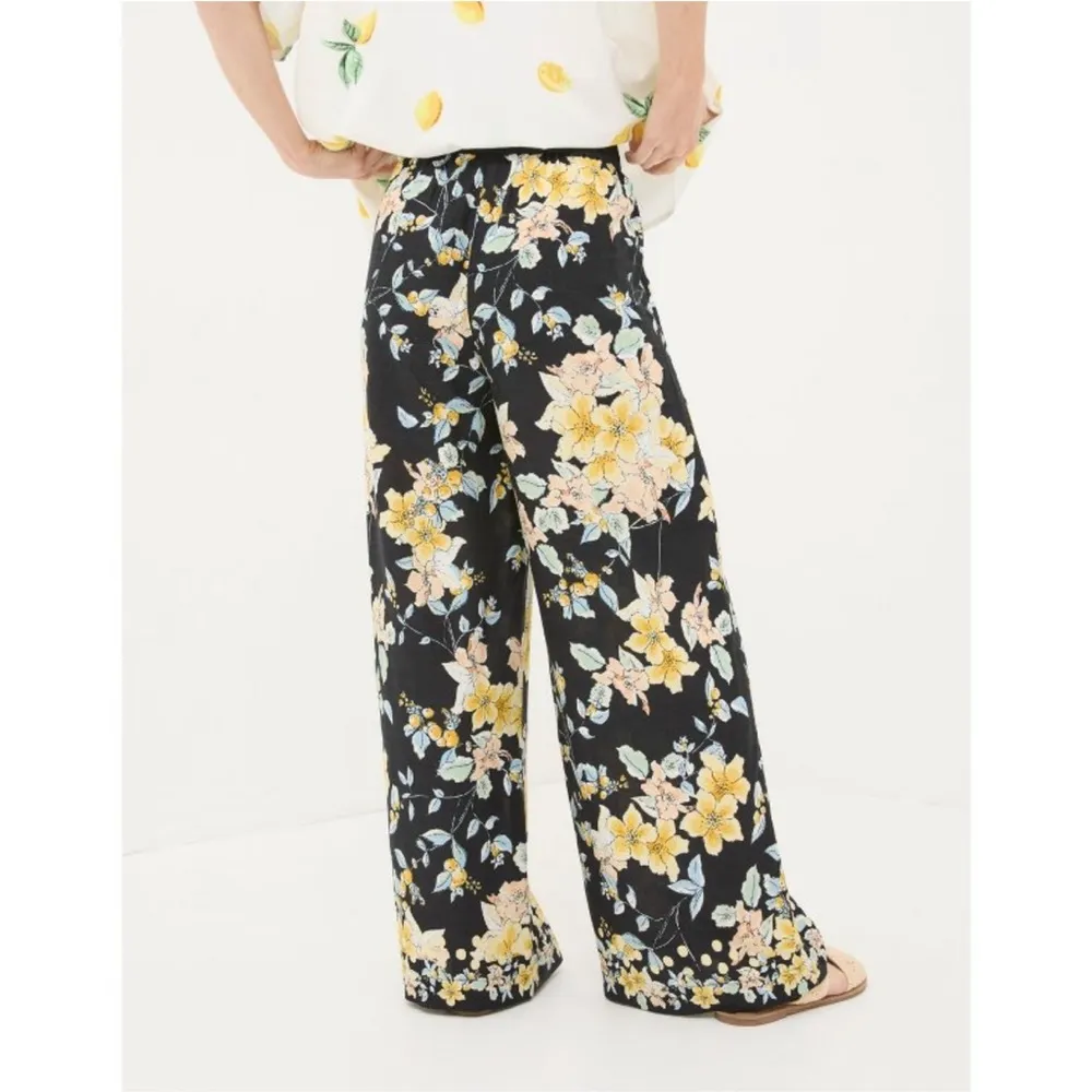 Fatface Jenna Citrus Floral Wide Leg Trousers Black Yellow Peach Size 8 UK 12 - Image 3