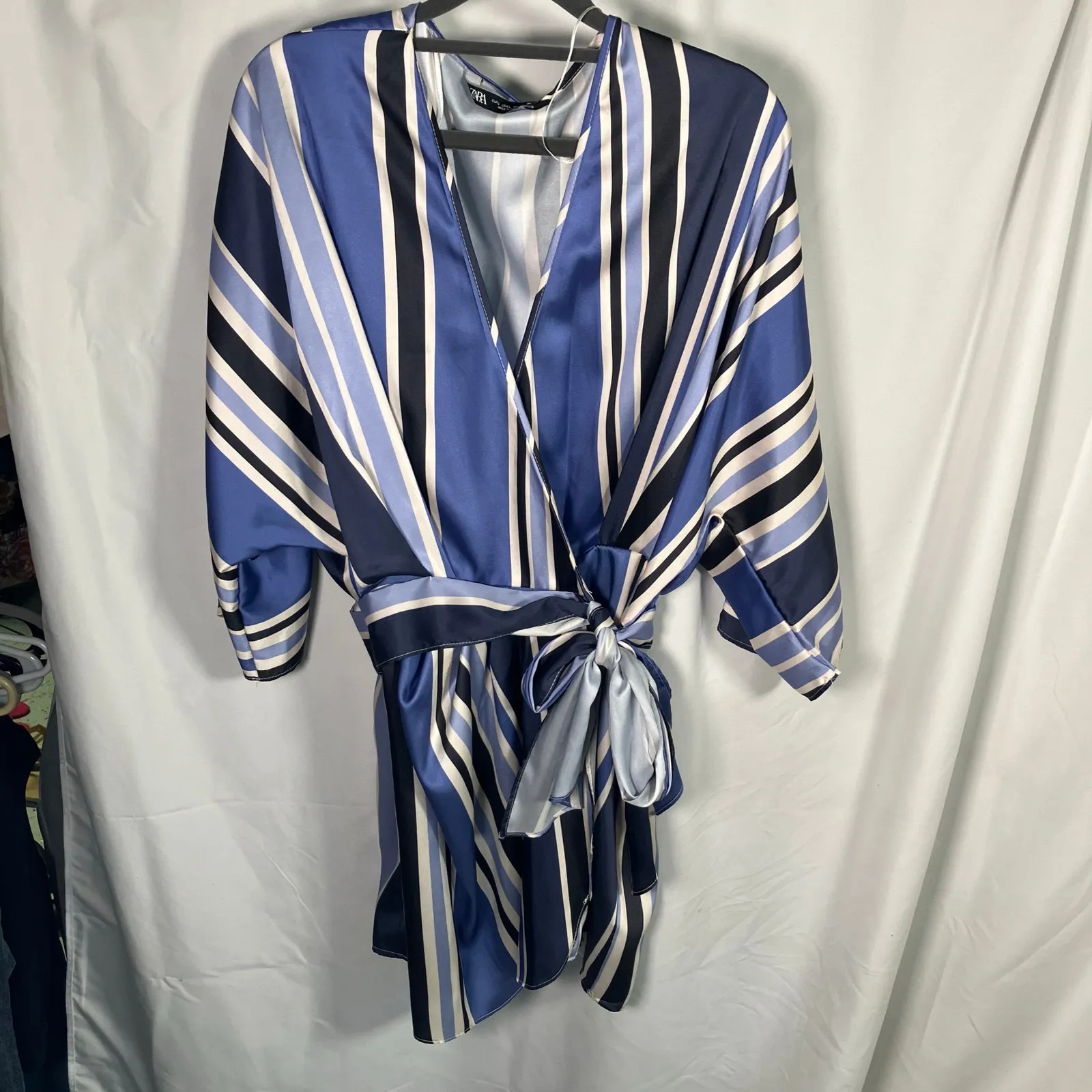 New Zara Striped Blue Romper Jumpsuit Tie Belt Womens Large Sexy Fun Date‎ Night - Image 2