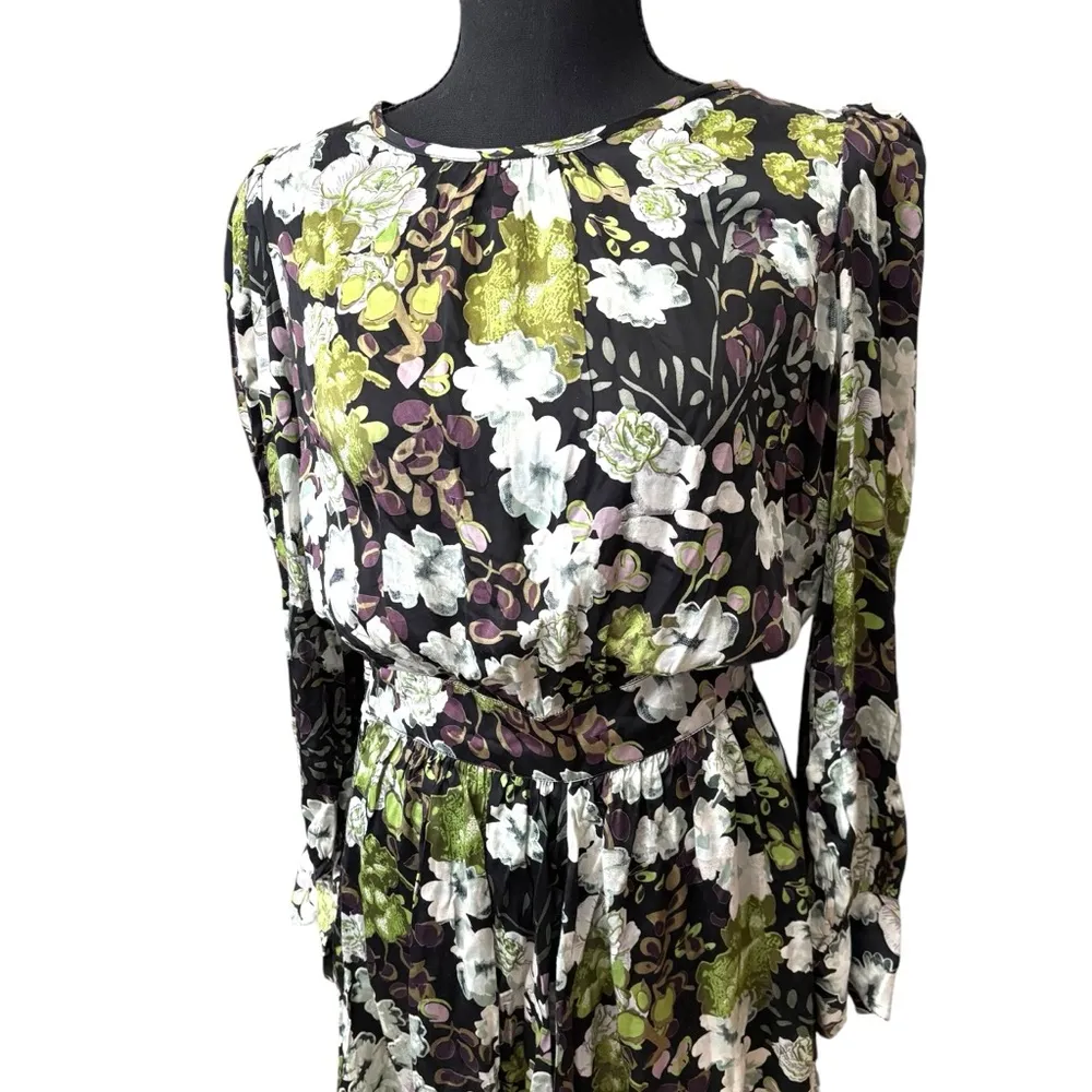 By Timo satin floral long sleeve black white green print fit and flare dress Size XS - Image 2