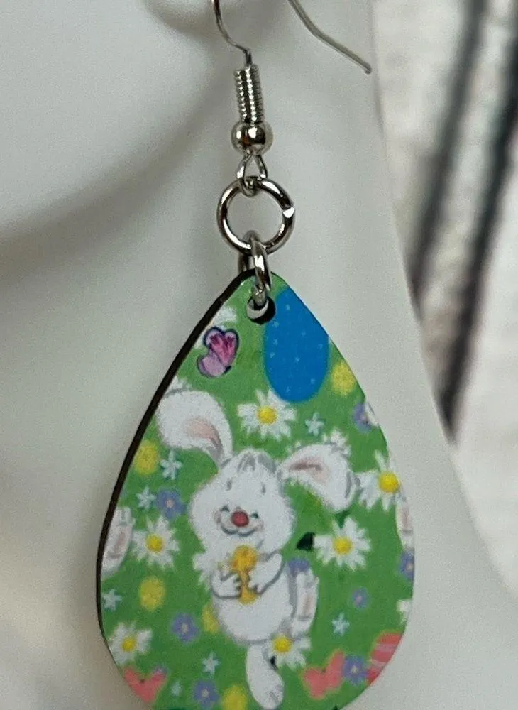 Easter Bunny Green Teardrop Dangle Pierced Earrings - Image 2