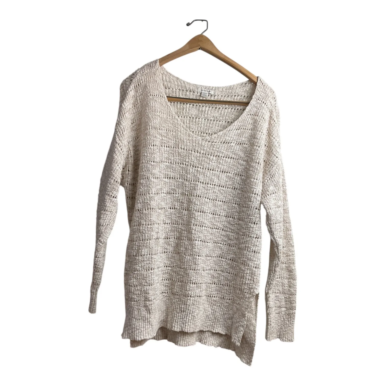 Cream Open Knit V Neck Long Sleeve Oversized Tunic Sweater Women XS Tan - Image 6