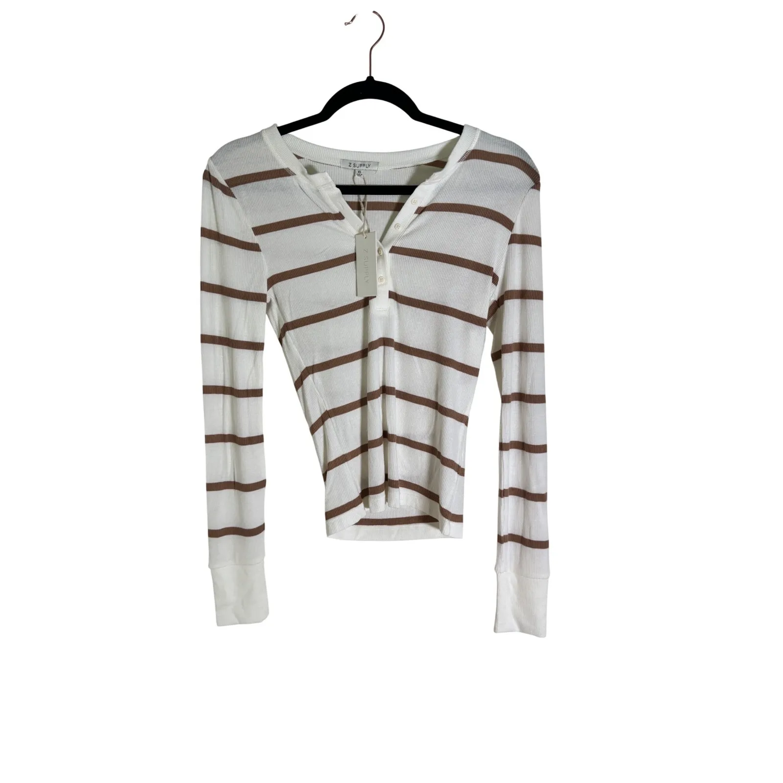 Z Supply NWT Striped Long Sleeve V Neck Henley Top XS White Brown Ribbed Casual - Image 3