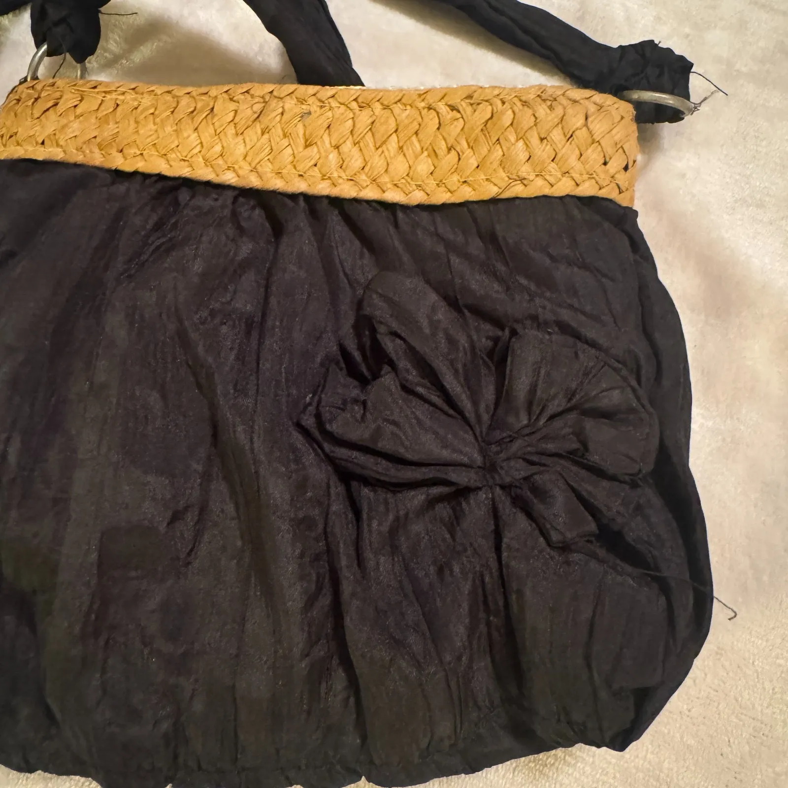 Vintage Boho Mini Black Purse Straw Trim Bow Detail Crossbody Y2K Festival - Image 2