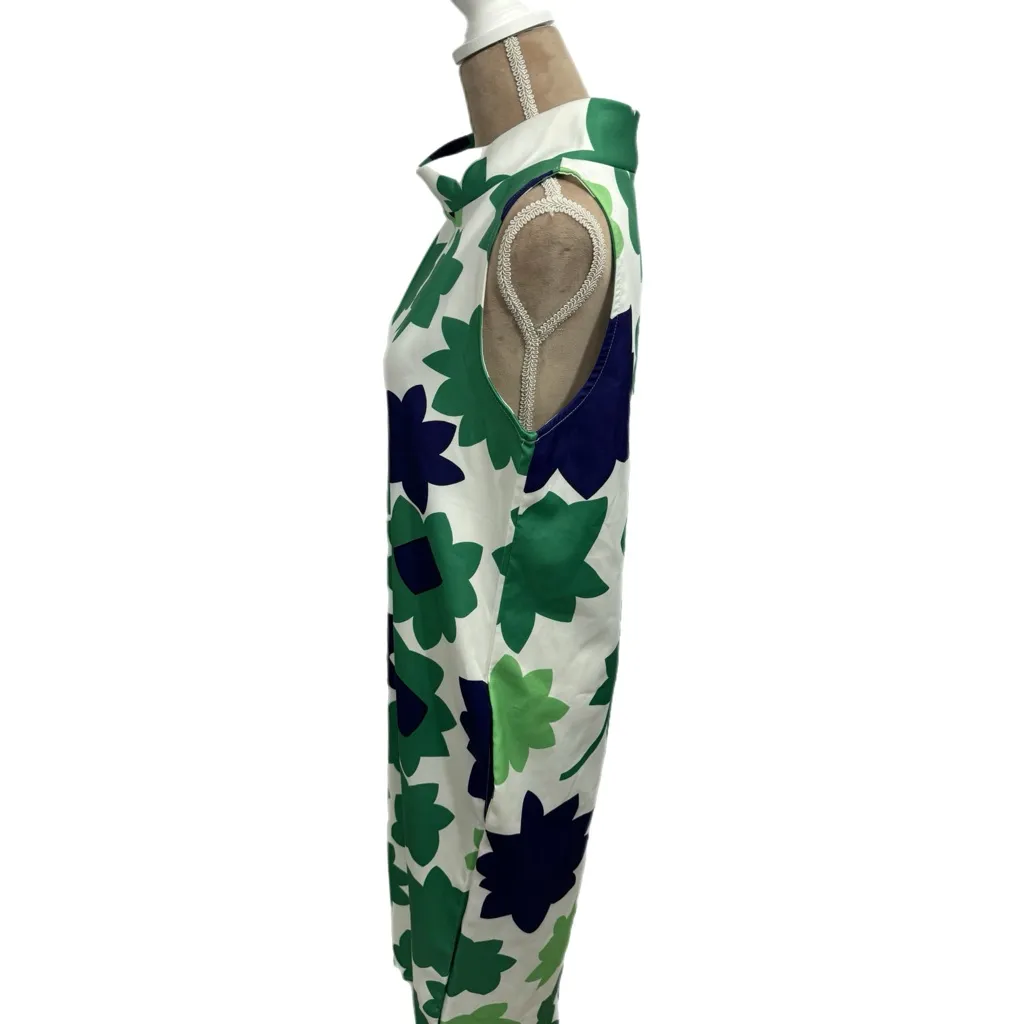 KoanDaily Mock Neck Retro Chic Dress Green Flowers Midi Sleeveless Womens Sz L Size L - Image 4