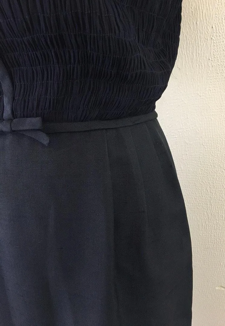 Vintage 1960s Navy Blue Smocked Secretary Dress Bows - Image 7