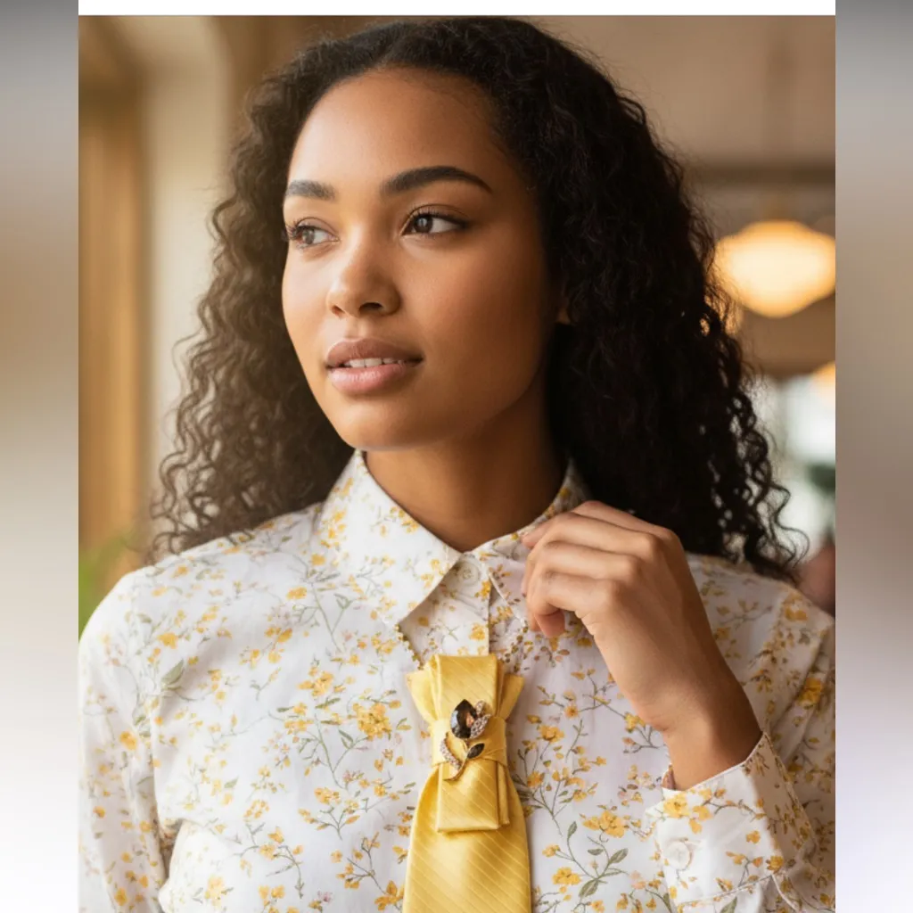 “Dainty Dapper”bold silky look yellow necktie necklace with beautiful brooch White - Image 2