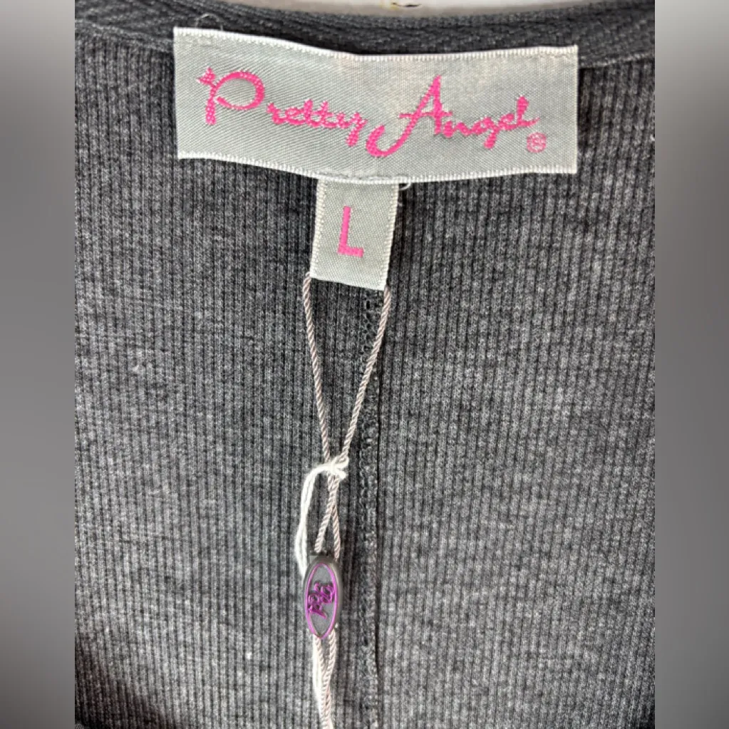 Pretty Angel L Linen Blend Ribbed Gray Mesh Lace Charcoal Knit Mini Dress - Image 7