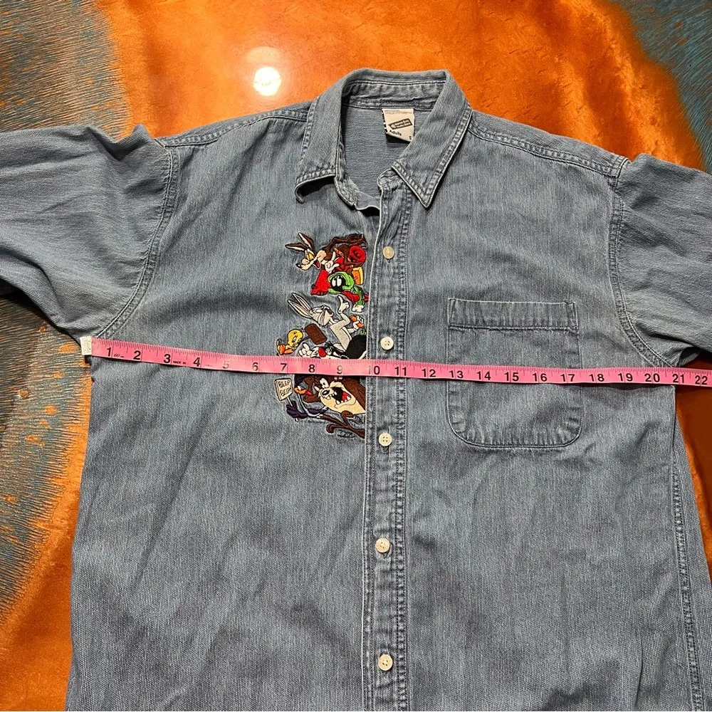 VTG 90s Warner Bros Looney Tunes Denim Embroidered button up shirt small Blue - Image 12