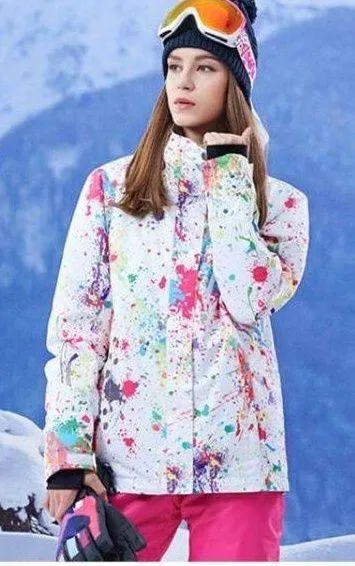 GSOU Snow 10K Waterproof Ski Snowboard Jacket White Paint Splatter Size Large Pink - Image 1