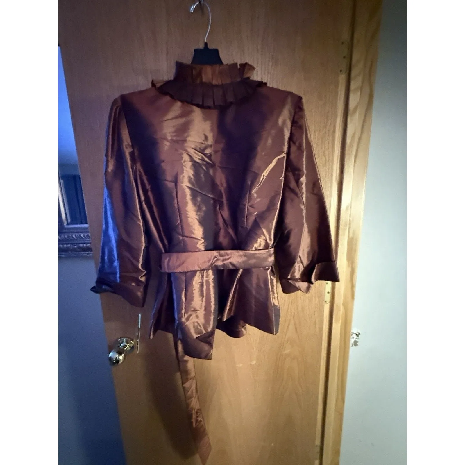 Alex Marie Evening Wear Blouse 2X Bronze Ruffles Tie Sash Concealed Snap NWT$129 - Image 5
