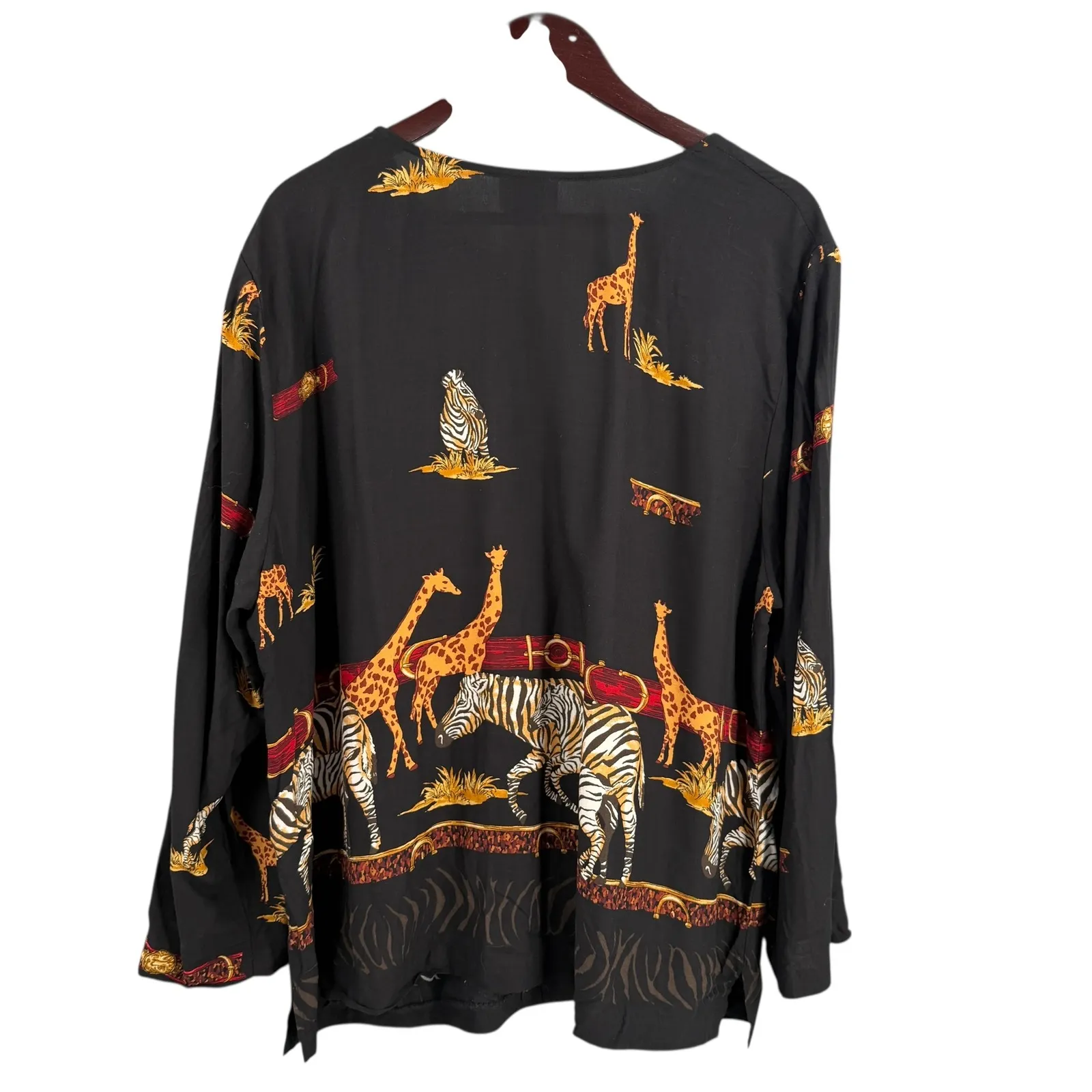 VTG Teddi Woman Black Safari Animal Print Button Front Blouse Top Estimated 1X - Image 3