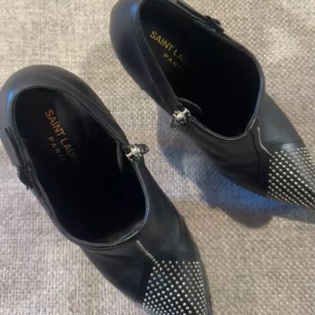 SAINT LAURENT PARIS Black Micro Studded Ankle Heel Boots - Image 7