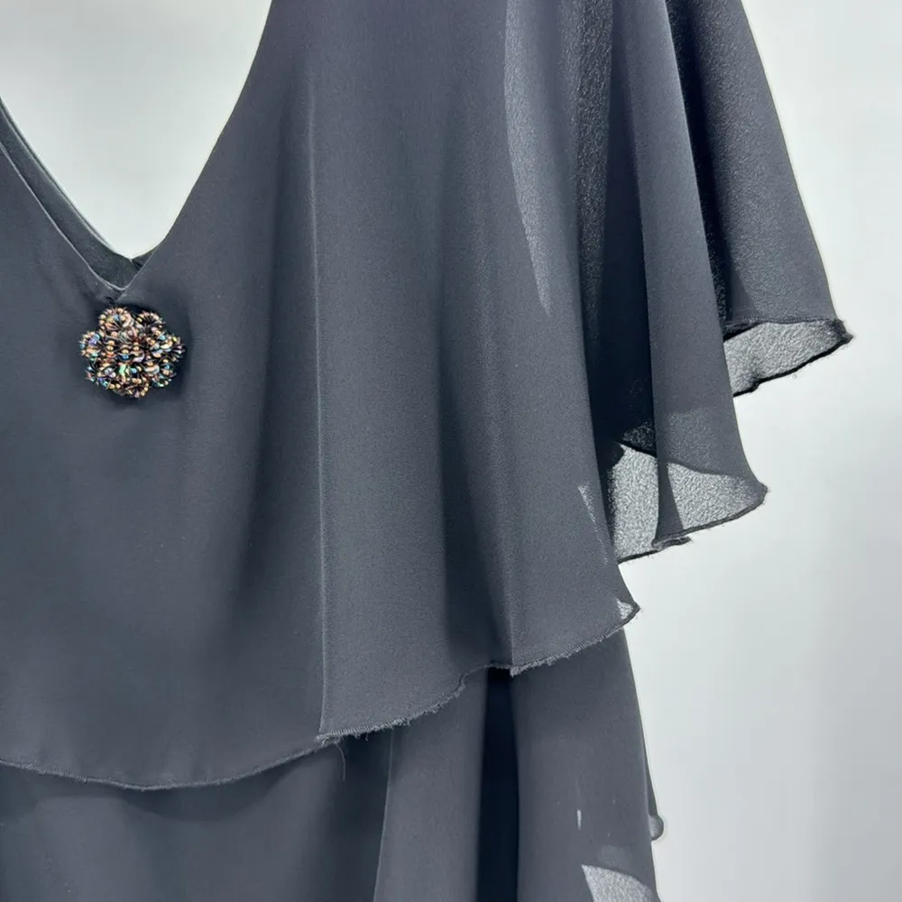 Patra vintage 12 tiered ruffle flutter sleeve black below the knee dress wedding - Image 4