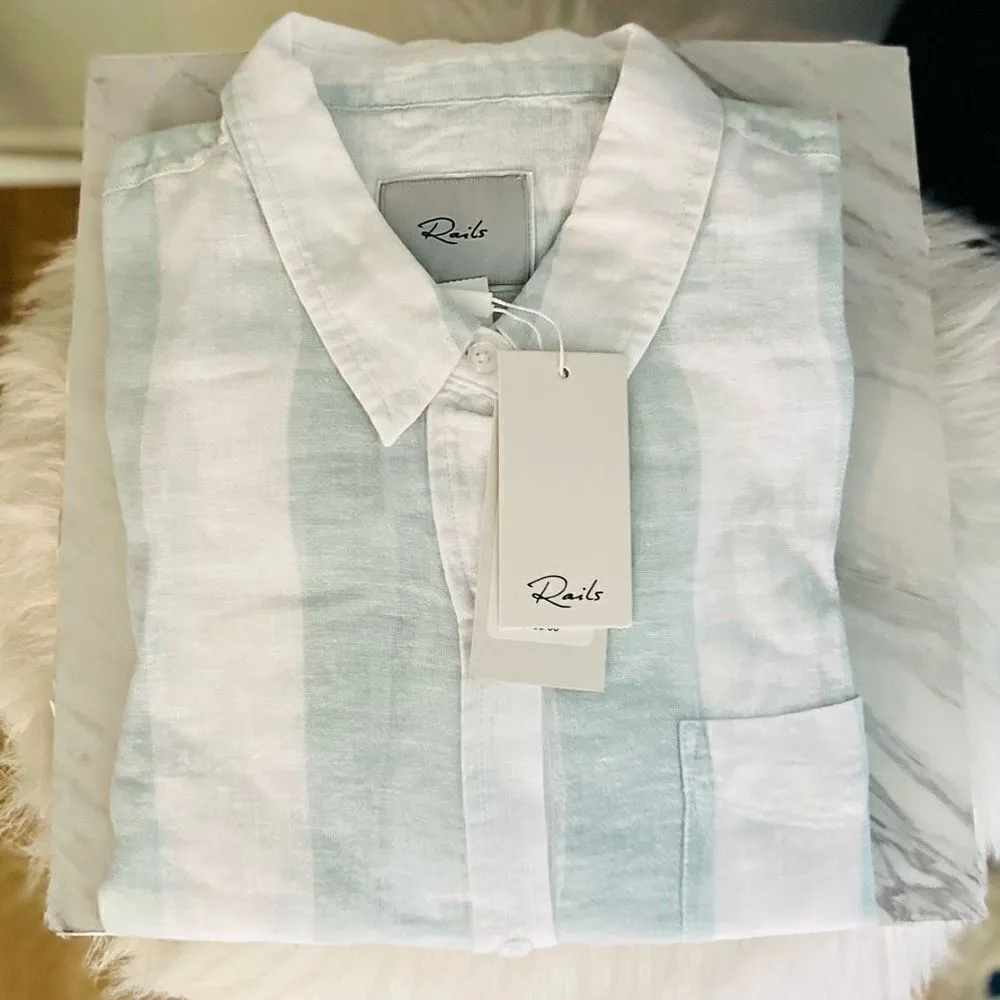 RAILS Women's Charli Awning Stripe Linen Blend Blouse, Large, White/Blue, NWT - Image 6