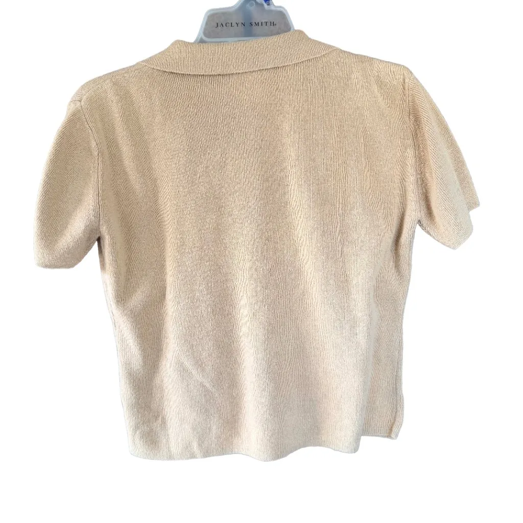 CLIO Vintage 90s Beige Ribbed Knit Polo Cardigan Button Front Short Sleeve L Tan Size L - Image 5