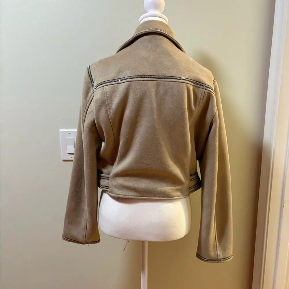 Zara cropped moto jacket coat rhinestones trim beige faux suede M - Image 4