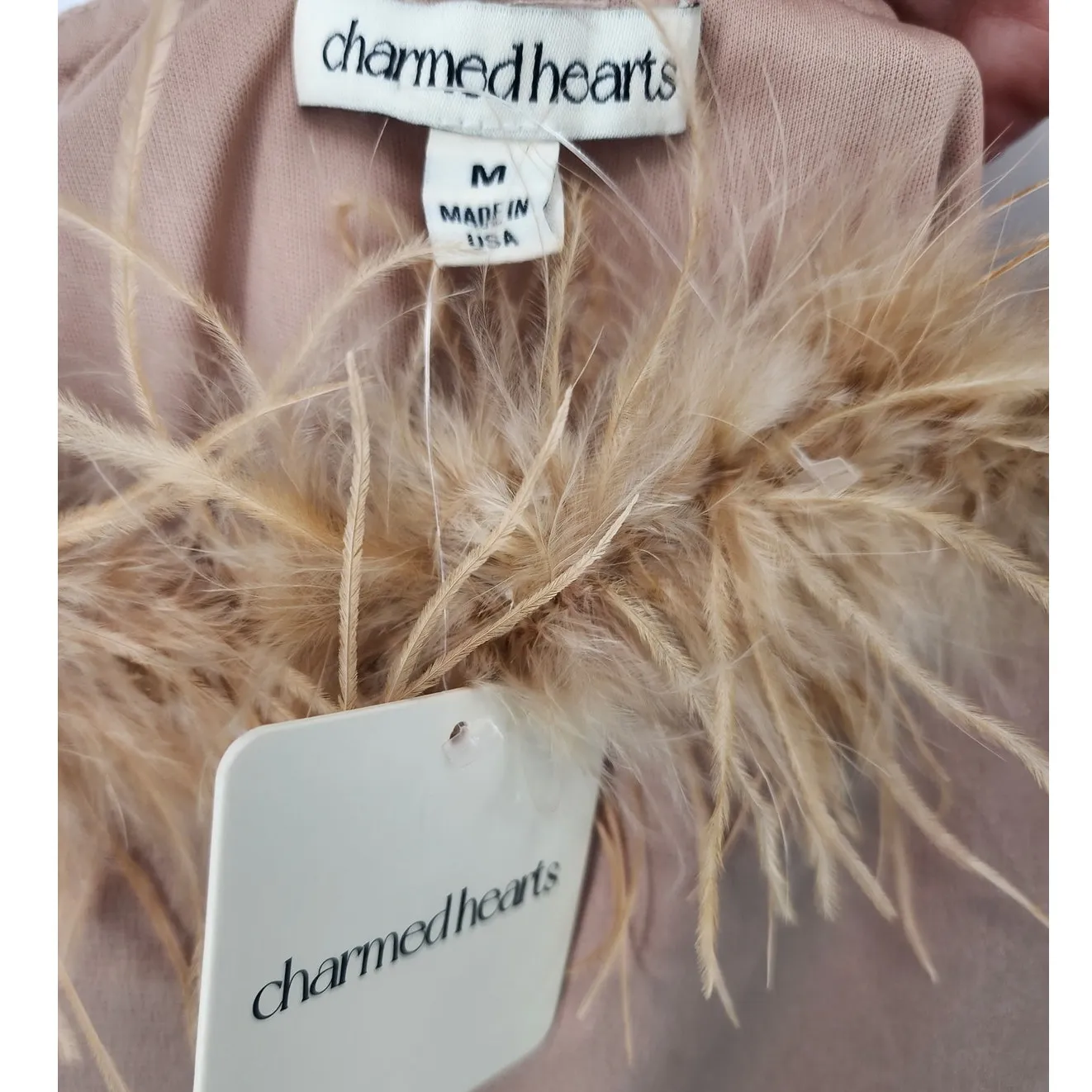 Charmed Hearts Tan Feather Trim Slip Dress Beige Women’s Size: M - Image 9