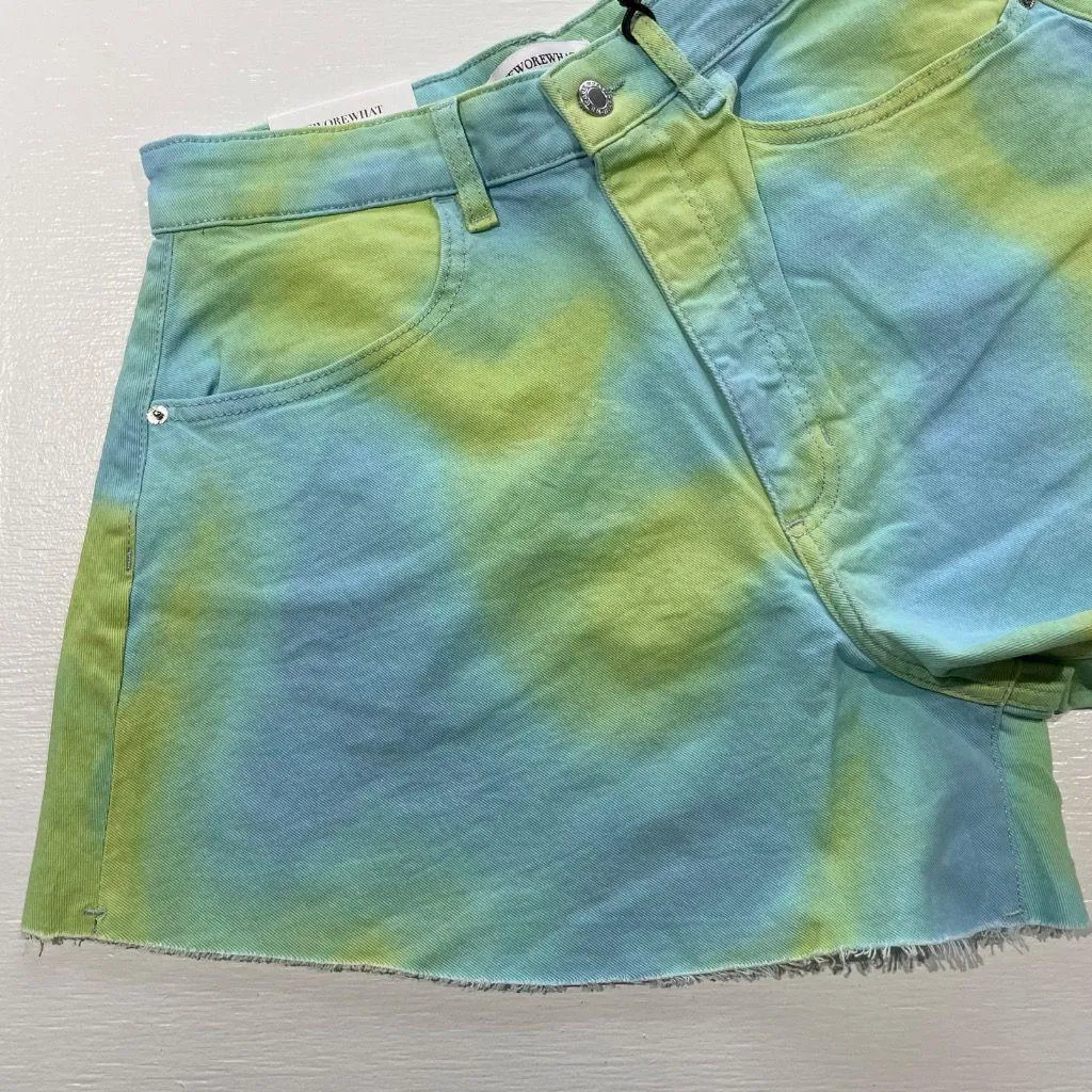New WeWoreWhat Tie Dye Stretch Denim Flared Leg Bell Shorts Blue Green Size 27 - Image 9
