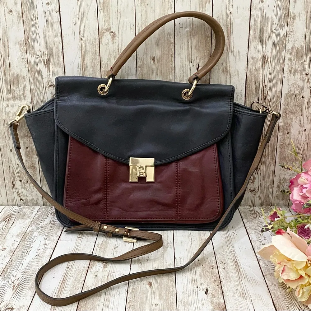 Tommy Hilfiger Postino Navy/Red Color-block 100% Leather Trapezoid Satchel Bag - Image 3