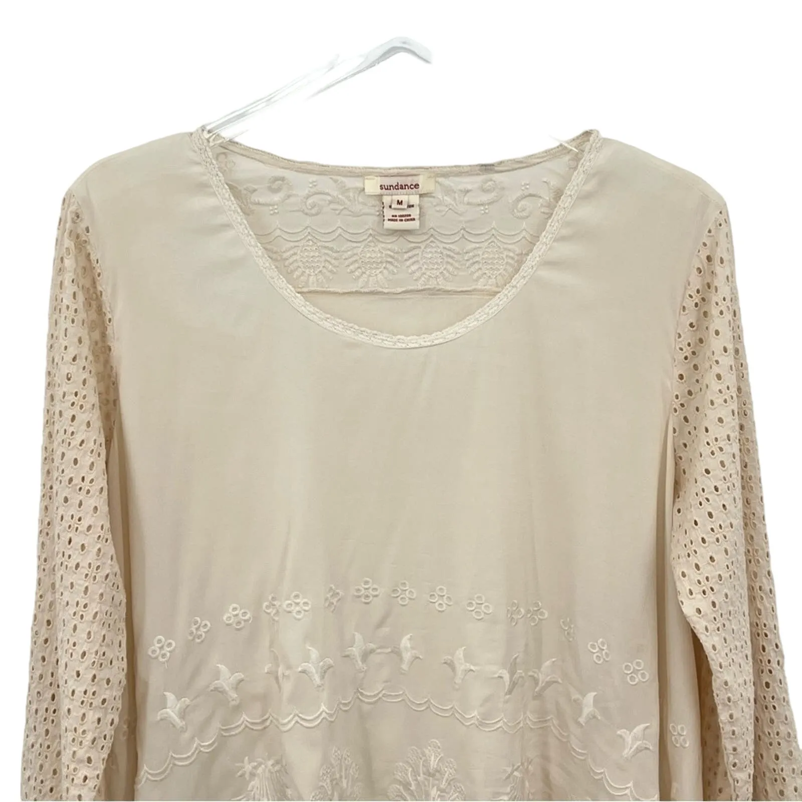 Sundance embroidered eyelet lace tab sleeve lagenlook blouse tunic top M - Image 3