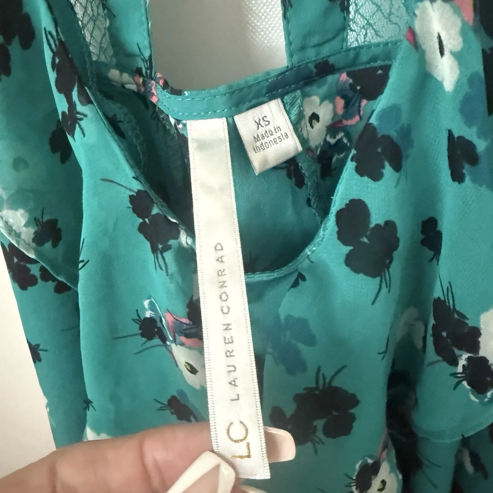 LC Lauren Conrad Cami Tank Racer Back Lace Ruffle Teal Floral Cottagecore Top XS - Image 3
