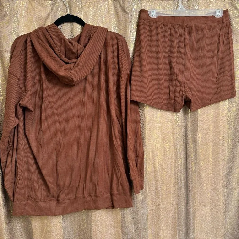 Women's Chocolate Brown Zip Up Hoodie Shorts Ribbed Lounge Set Large NEW - Image 2