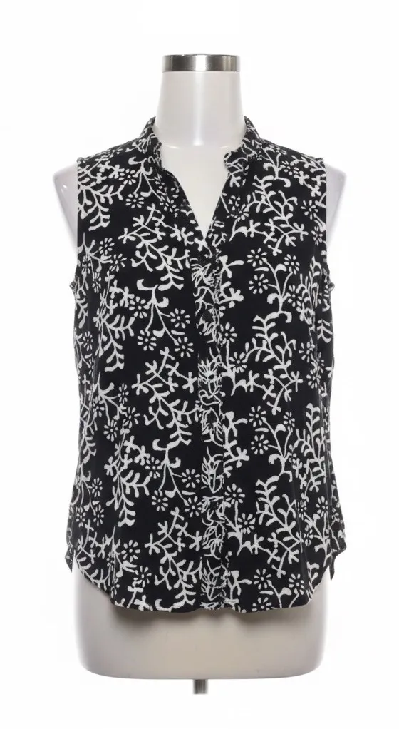 Soft Surroundings Sleeveless Blouse Tunic M Black White Rayon Boho Floral Print - Image 1