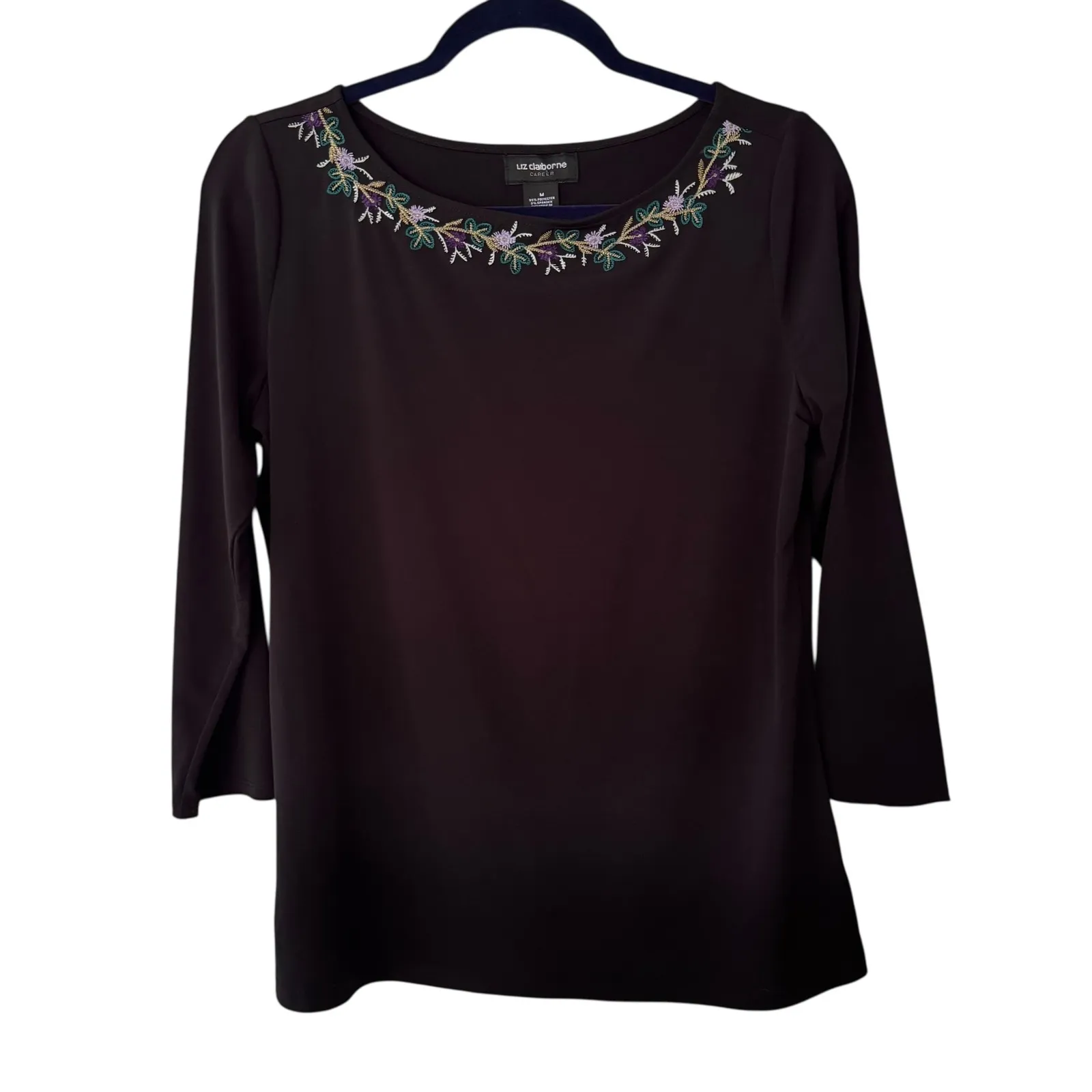 Liz Claiborne Career Black Embroidered Neckline 3/4 Sleeve Top Womens M - Image 2