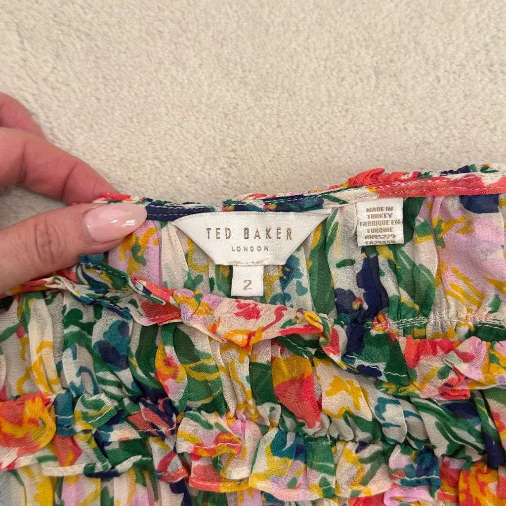 Ted Baker Kesara Floral Printed Ruffle Blouse Tie Waist Balloon Sleeves Size 6 - Image 11