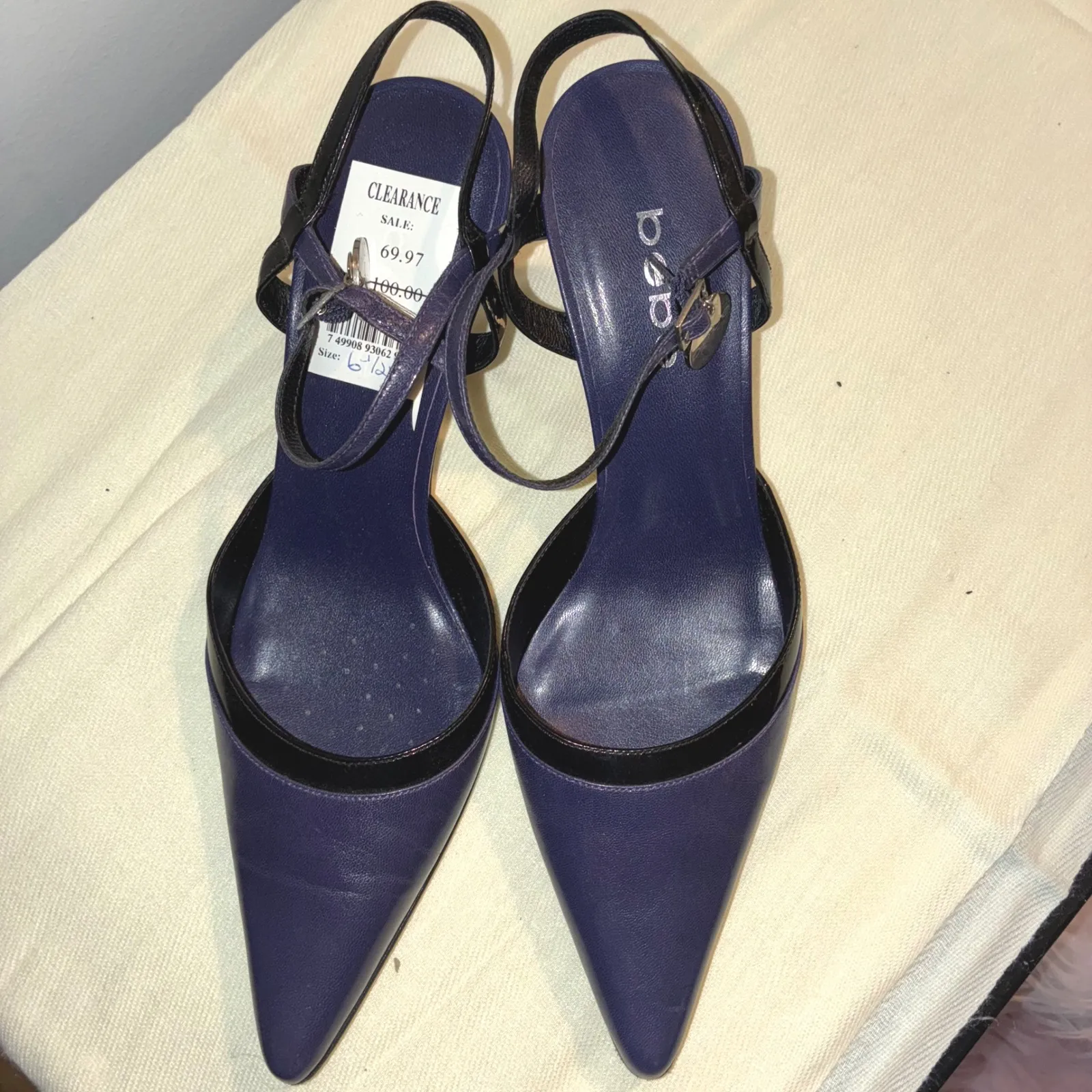 Bebe Womens 6.5M Purple Black Slingback Pointed Toe Heels‎ Stiletto Shoes Retro - Image 3