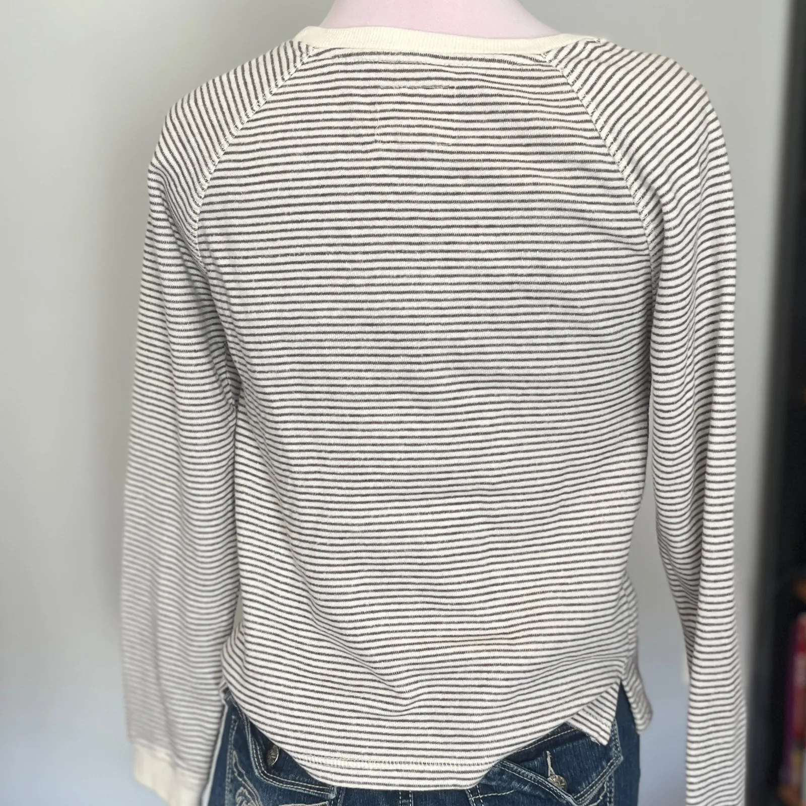 Gray and White Stripe Pullover Lacrosse Varsity Letter Crew Neck Sweatshirt - Image 5