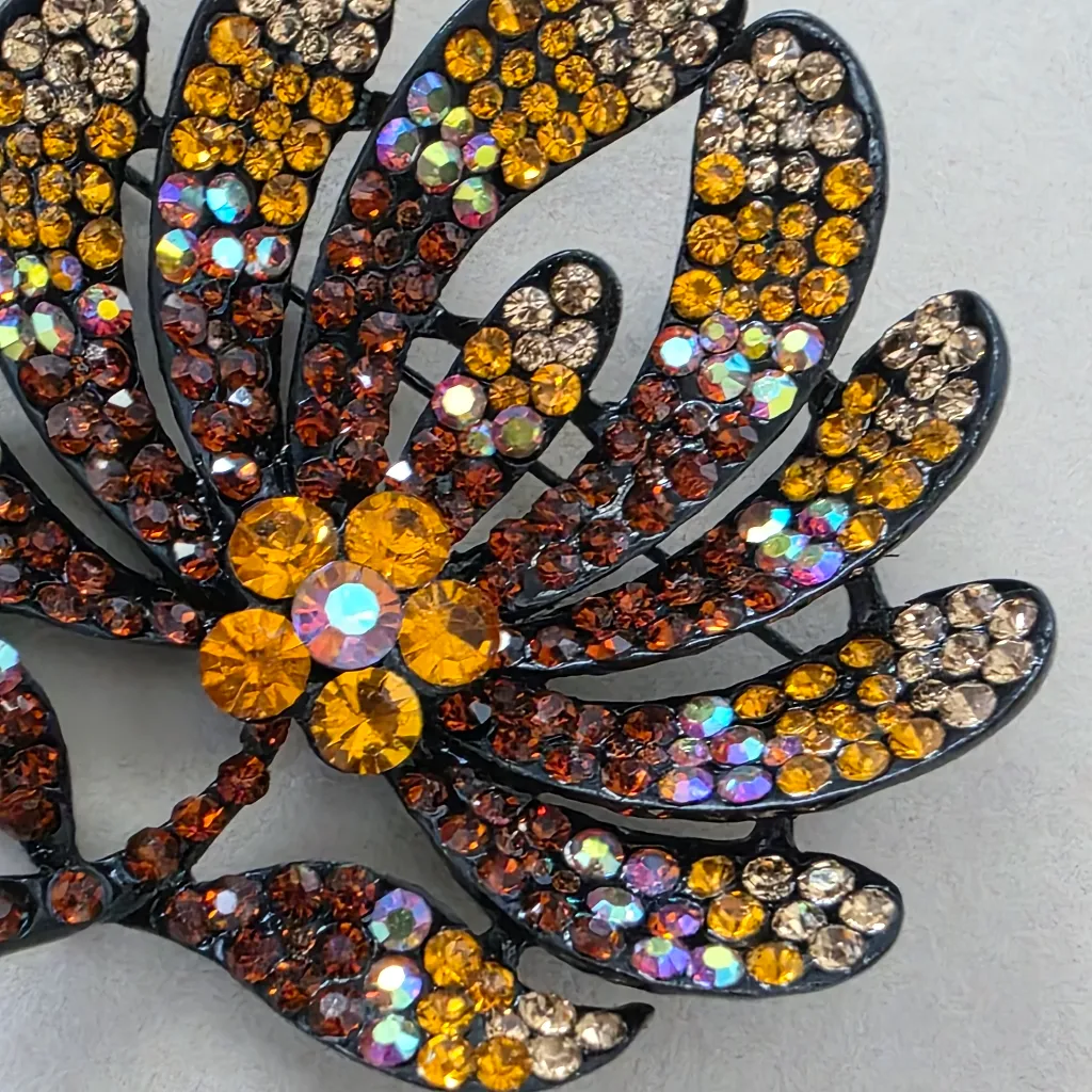 Statement Flower Brooch Pin Black with Gold Tone Crystal Stones - Image 4