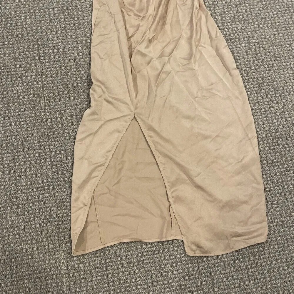 PrettyLittleThing Dress Womens 10 Rust Cowl Neck Satin Midi Tan Slit Nude - Image 4