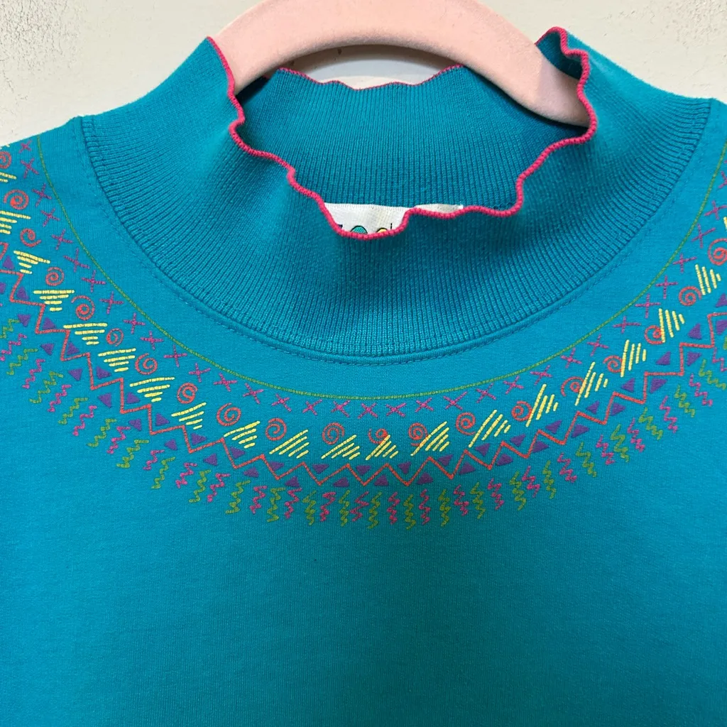 Vintage Belvedere Teal Patterned 90s Artsy Sweatshirt Size Medium Blue - Image 3