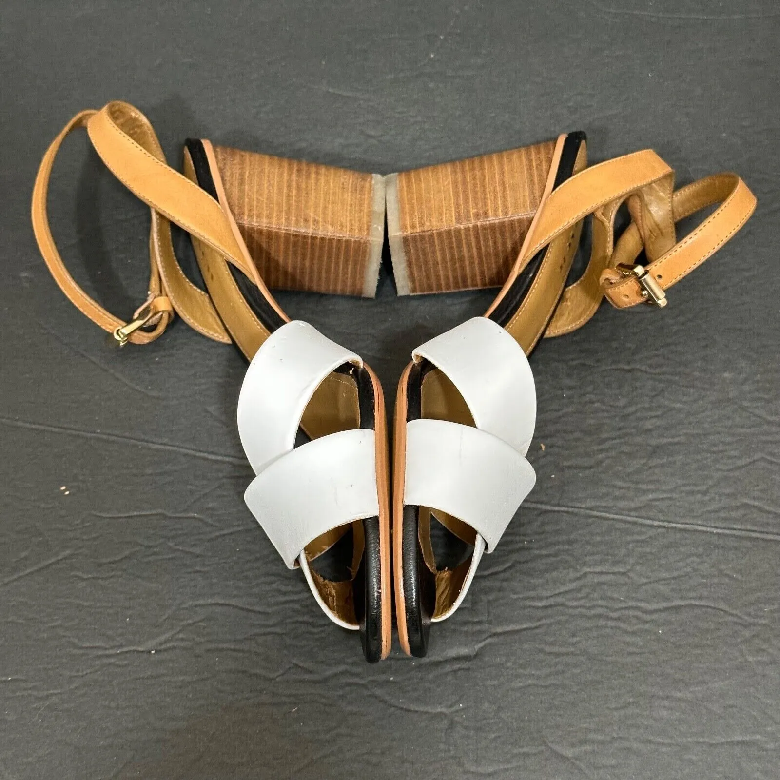 Coach Open Toe Heels Women's 9B White Brown Two Tone Crossover Ankle Strap - Image 7