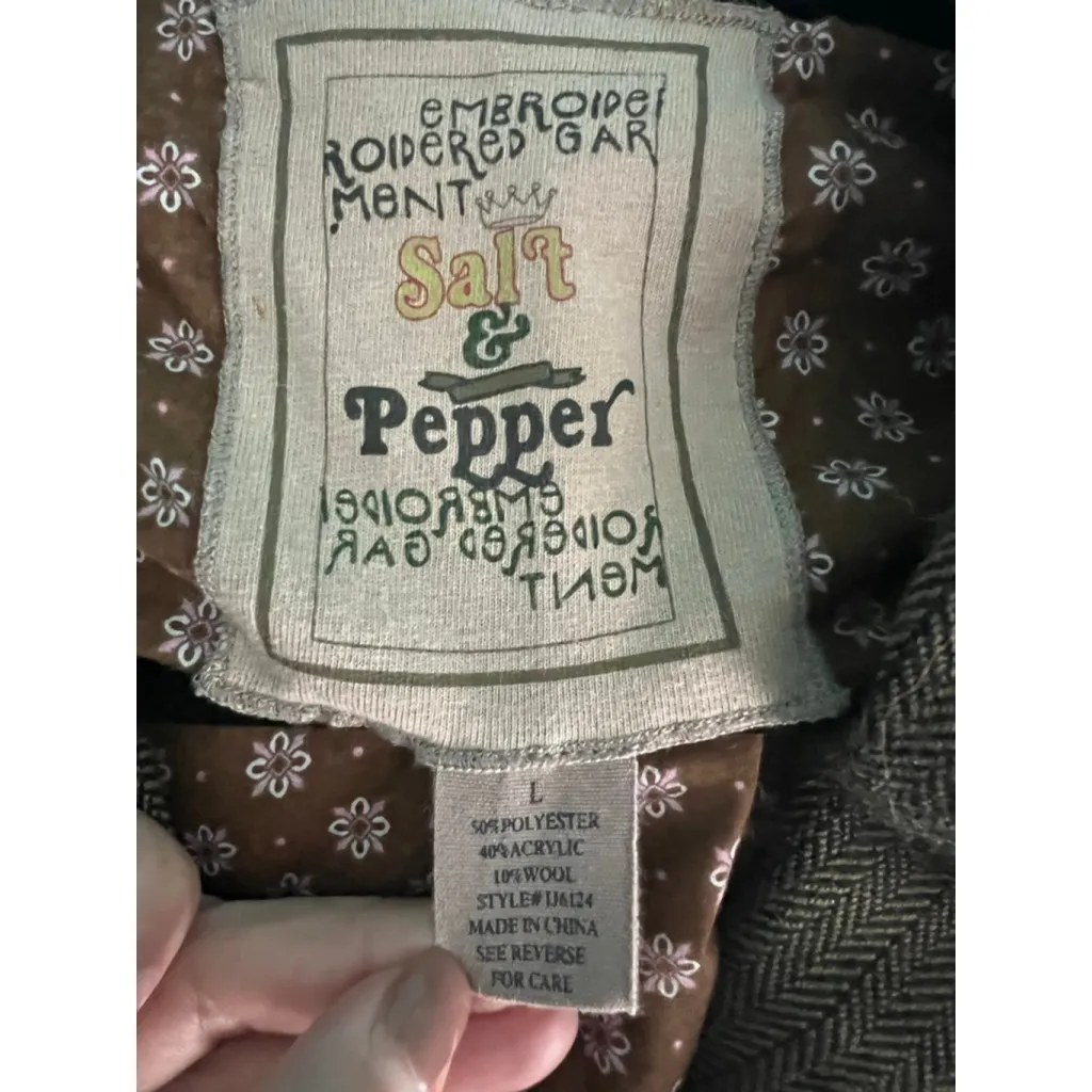 Salt & Pepper Herringbone Tweed Coat L Belted Floral Lining Vintage Boho Style Brown Size L - Image 3