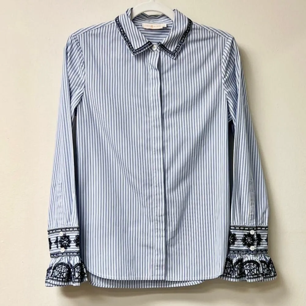 Tory Burch Pinstripe Embroidered Bell Sleeve Button Up Shirt Blue/White Size 2 - Image 2