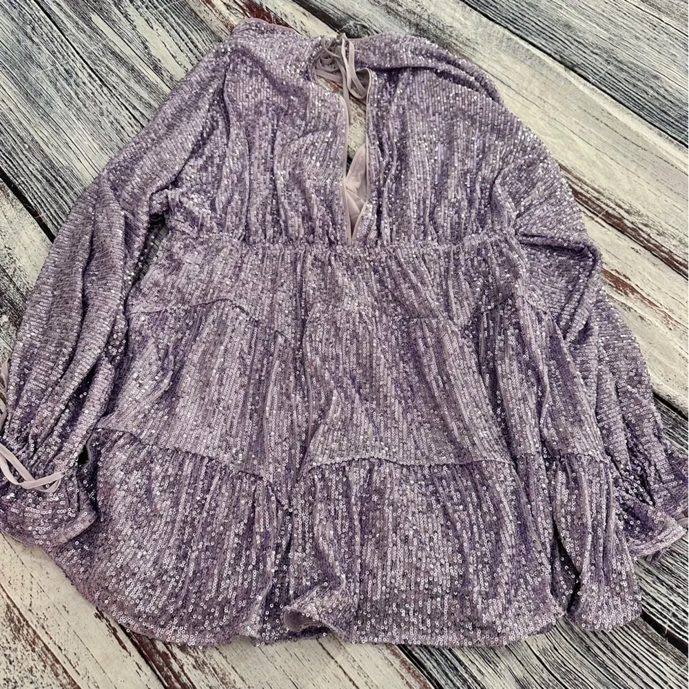 ASOS DESIGN Embellished Tiered Mini Dress with Tie Detail in Lilac Sequin - Image 3