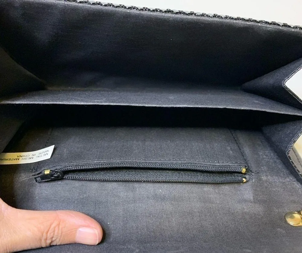 vintage black metal mesh bag with leather trim and chain strap - Image 4