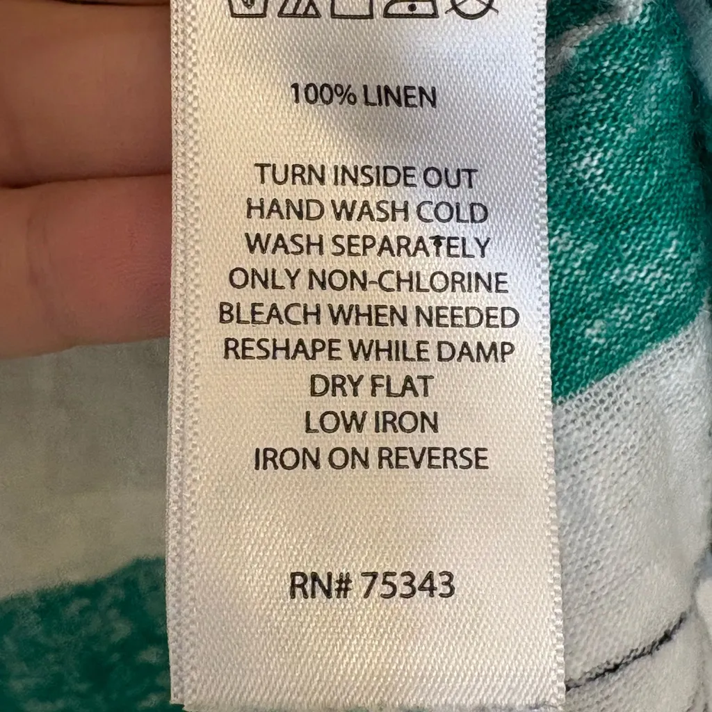 Tahari Linen Tropical Leaf Print Top M Green White Resort Coastal Chic - Image 6