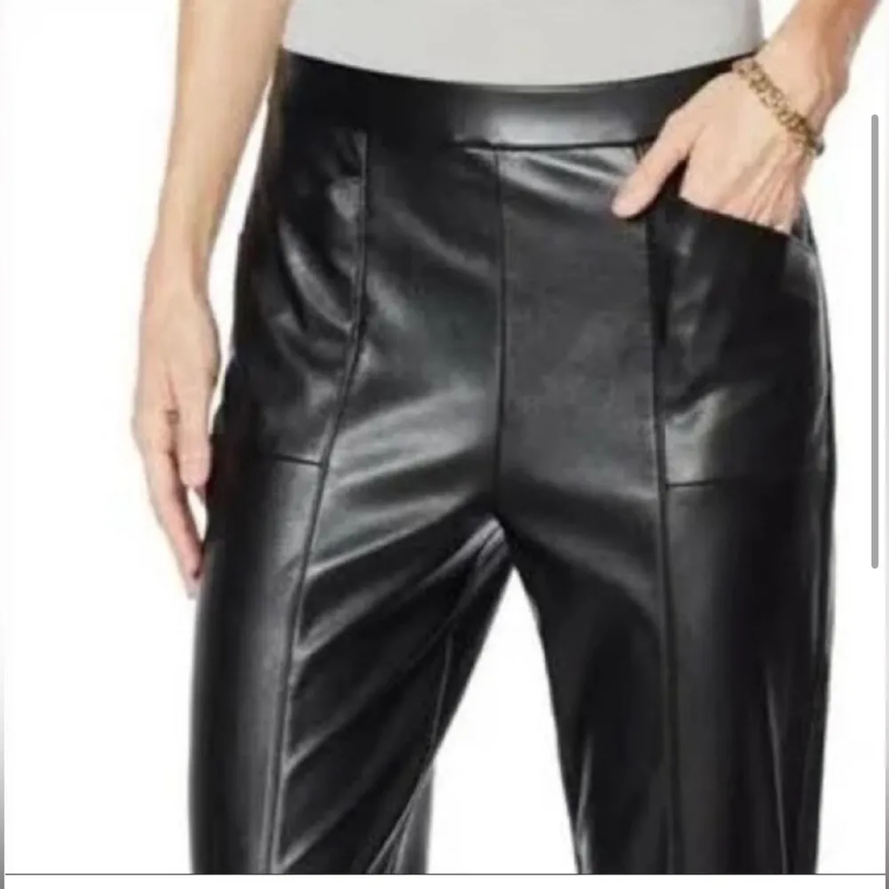 H Halston NWT Black Faux Leather Seamed Pull On Pants Size Medium - Image 3