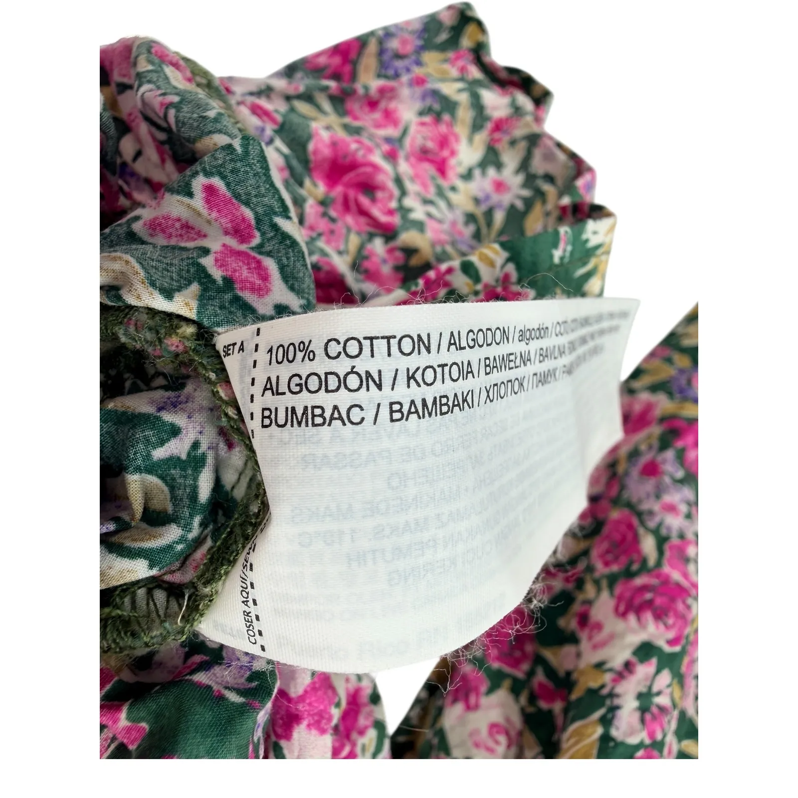 MNG Floral Smocked Peplum Top Square Neck Puff Sleeve Pink Green Women's S - Image 8