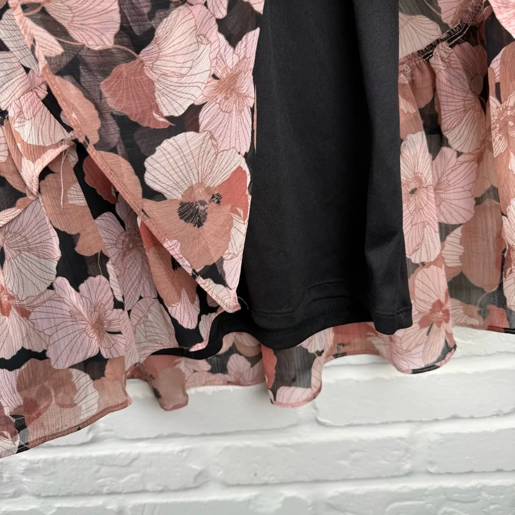Maison Tara Black Pink Floral Dress Ruffle Waist Tiered Skirt Elastic Cuffs 12 - Image 6
