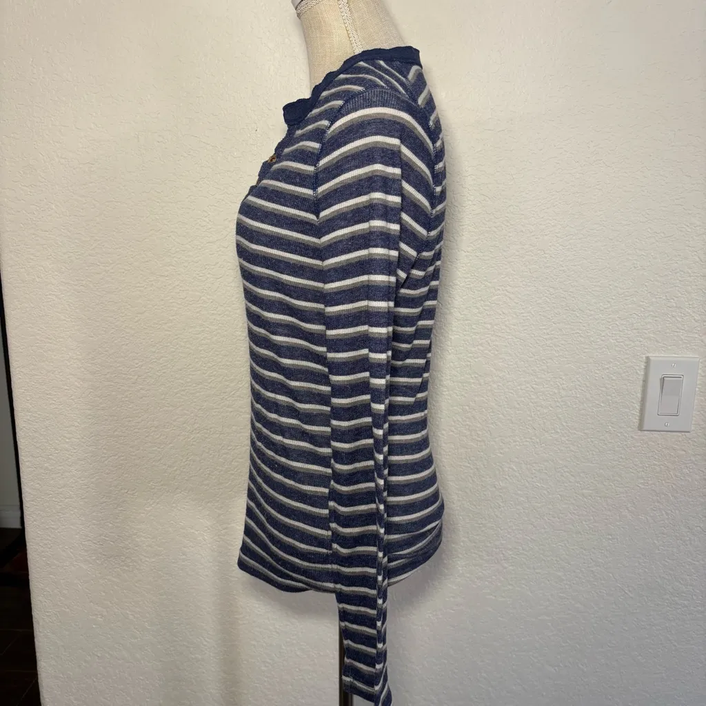 Hollister Navy and White Striped Long Sleeve Henley - Image 2