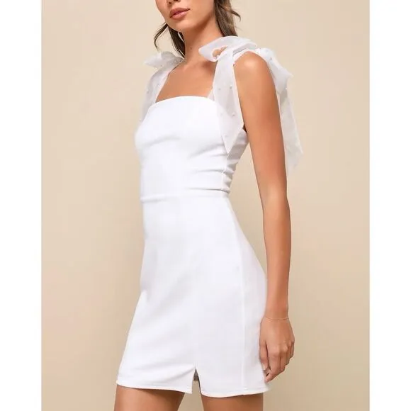 NWT Lulus Women's Beaming Perfection White Pearl Organza Tie-Strap Mini Dress‎ S - Image 2
