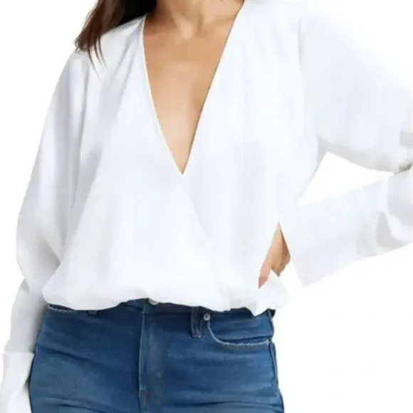 NWT Good American White Long Sleeve Stretch Satin Faux Wrap Top - Image 2