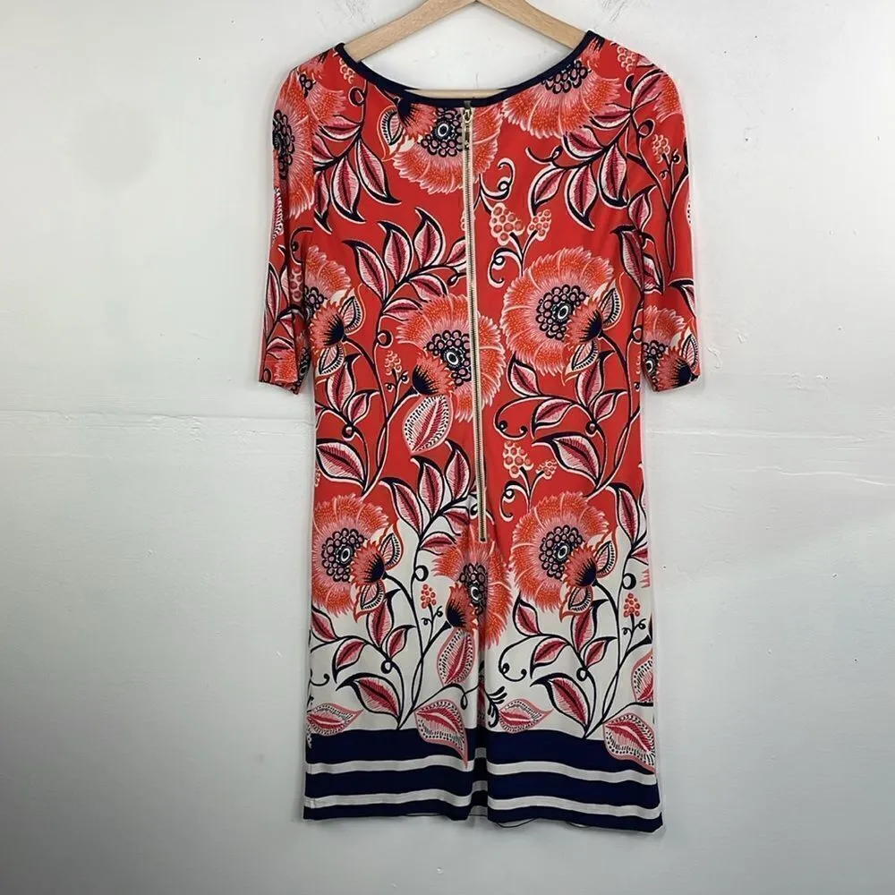 Eliza J. Dress Orange Floral Navy Striped 3/4 Sleeve Sheath Lined Midi size 6 - Image 5
